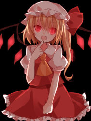 Rule 34 | 1girl, bad id, bad pixiv id, blonde hair, finger to mouth, flandre scarlet, glowing, glowing eyes, hat, hat ribbon, mogu (au1127), red eyes, ribbon, side ponytail, solo, touhou, wings