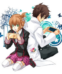 Rule 34 | 1boy, 1girl, :o, alternate costume, alternate hairstyle, alvin (tales), bad id, bad pixiv id, bespectacled, blazer, braid, brown eyes, brown hair, bug, butterfly, candy, food, full body, glasses, hair up, handheld game console, insect, jacket, kneeling, lab coat, leia rolando, lollipop, miniskirt, official alternate costume, open mouth, pants, pink skirt, plaid, plaid skirt, playstation portable, school uniform, shoes, short hair, sitting, skirt, soraneko hino, star (symbol), sweat, swing, tales of (series), tales of xillia, teepo (tales), thighhighs, tree, white thighhighs