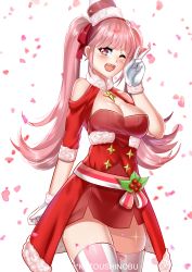 Rule 34 | 1girl, absurdres, bare shoulders, breasts, christmas, cleavage, dress, female focus, fire emblem, fire emblem: three houses, gloves, hair ornament, highres, hilda valentine goneril, katou shinobu, large breasts, matching hair/eyes, nintendo, one eye closed, pink eyes, pink hair, red dress, red skirt, skirt, star (symbol), thighhighs, thighs, v, white gloves, wink, zettai ryouiki