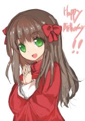 Rule 34 | 00s, 1girl, arima miyako, brown hair, denpaken pochi, green eyes, happy birthday, highres, long hair, melty blood, open mouth, own hands together, simple background, sketch, smile, solo, tsukihime, white background
