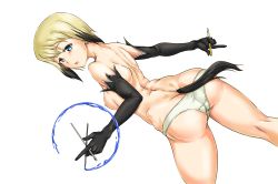 Rule 34 | 1girl, ass, blonde hair, blue eyes, blush, breasts, butt crack, erica hartmann, highres, looking back, medium breasts, nipples, open mouth, panties, simple background, solo, strike witches, tail, topless, underwear, white background, white panties, world witches series