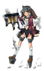 Rule 34 | 10s, 1girl, aircraft, airplane, blush, brown eyes, brown hair, burnt, burnt clothes, flat chest, full body, hair ornament, japanese clothes, kantai collection, kariginu, kuuro kuro, long hair, magatama, official art, onmyouji, pleated skirt, ryuujou (kancolle), scroll, shikigami, skirt, smoke, socks, solo, torn, torn clothes, transparent background, twintails, visor cap