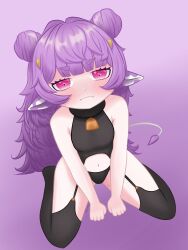 Rule 34 | 1girl, animal ears, artist name, bell, black panties, black sweater, black thighhighs, breasts, bunty, closed mouth, cow ears, cow horns, double bun, garter straps, hair bun, highres, horns, kneeling, meme attire, mole, mole on thigh, mole under mouth, muu muyu, navel, neck bell, panties, phase connect, pink eyes, purple hair, sleeveless, sleeveless sweater, small breasts, solo, sweater, thighhighs, underwear, virgin destroyer sweater, virtual youtuber