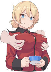 Rule 34 | 1boy, 1girl, blonde hair, blue eyes, blush, braid, braided bun, breasts, button gap, closed mouth, cup, darjeeling (girls und panzer), disembodied limb, girls und panzer, grabbing, grabbing another&#039;s breast, hair bun, hetero, holding, holding cup, jacket, large breasts, long sleeves, military jacket, pinky out, red jacket, saucer, shiseki hirame, simple background, solo focus, st. gloriana&#039;s military uniform, sweatdrop, teacup, white background