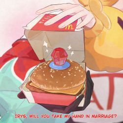 Rule 34 | 1girl, absurdres, box, candy, elisbian, english text, food, gloves, hakos baelz, highres, hololive, hololive english, jewelry, long sleeves, mcdonald&#039;s, marriage proposal, ring, ring pop, single glove, sparkle, virtual youtuber