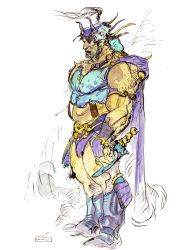Rule 34 | 1980s (style), 1boy, amano yoshitaka, arm at side, armor, armored boots, belt, black eyes, boots, breastplate, cape, closed mouth, dark-skinned male, dark skin, expressionless, final fantasy, final fantasy ii, full body, guy (ff2), highres, horns, knee boots, legs together, male focus, muscular, oldschool, retro artstyle, sheath, simple background, sketch, smoke, solo, standing, white background