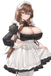Rule 34 | 1girl, animal ears, apron, blue eyes, blush, breasts, cleavage, cow tail, dress, flower, frills, hair between eyes, hair flower, hair ornament, highres, huge breasts, large breasts, long hair, looking at viewer, maid, maid apron, maid headdress, original, pointy ears, puffy sleeves, sg (satoumogumogu), skirt, skirt hold, solo, tail, thighhighs, twintails, white background