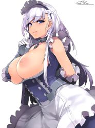 Rule 34 | 1girl, apron, arm behind back, azur lane, bare shoulders, belfast (azur lane), blue dress, blue eyes, blush, braid, breasts, breasts out, buttons, chain, closed mouth, clothes pull, collar, collarbone, corset, dated, dress, dress pull, french braid, frilled apron, frilled gloves, frills, gauntlets, gloves, happa (cloverppd), large breasts, leaning forward, long hair, looking at viewer, maid, maid apron, maid headdress, nipples, signature, silver hair, simple background, smile, solo, swept bangs, underbust, white apron, white background, white gloves