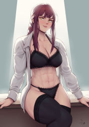 Rule 34 | 1girl, abs, absurdres, black bra, black panties, bra, braid, braided ponytail, breasts, chainsaw man, collarbone, collared shirt, cropped legs, desk, highres, large breasts, lips, makima (chainsaw man), on desk, open clothes, open shirt, panties, red hair, shirt, simple background, sitting, on desk, smile, solo, speedl00ver, thick thighs, thighhighs, thighs, underwear, yellow eyes