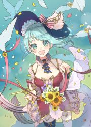 Rule 34 | 1girl, :d, aqua eyes, aqua hair, atelier (series), bird, blush, breasts, commentary request, confetti, flower, hat, kuromame (honey 728), lens flare, looking at viewer, medium breasts, mouth hold, nelke to densetsu no renkinjutsushi tachi, nelke von luchetam, open mouth, pink ribbon, ribbon, scissors, smile, solo, standing, thighhighs