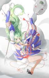 Rule 34 | 1girl, adapted costume, arm up, armpits, blush, breasts, commentary request, detached sleeves, floating, floating hair, frog hair ornament, full body, gohei, green eyes, green hair, grin, hair ornament, hair tubes, highres, holding, holding stick, kochiya sanae, long hair, long sleeves, looking at viewer, medium breasts, mishaguji, sefushi, sideboob, simple background, skirt, smile, snake, solo, stick, touhou, very long hair, white background, white skirt, wide sleeves