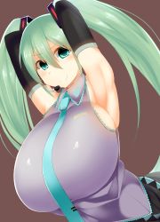 Rule 34 | 1girl, absurdres, aqua eyes, aqua hair, armpits, arms up, breasts, brown background, detached sleeves, facominn, gigantic breasts, hatsune miku, highres, long hair, looking at viewer, naughty face, necktie, sideboob, simple background, skirt, smile, solo, twintails, upper body, vocaloid