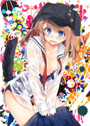 Rule 34 | 1girl, animal ears, animal hat, bad id, bad pixiv id, black hat, blue eyes, blue skirt, blush, breasts, brown hair, clothes pull, collarbone, commentary request, dog ears, dog girl, dog hat, dog tail, dress shirt, flat cap, hair between eyes, hat, leaning forward, long hair, long sleeves, looking at viewer, neck ribbon, one-piece swimsuit pull, open clothes, open mouth, open shirt, original, pleated skirt, red neckwear, ribbon, sailor collar, sasahara wakaba, school swimsuit, school uniform, serafuku, shirt, skirt, skirt pull, sleeves past wrists, small breasts, solo, star (symbol), swimsuit, swimsuit under clothes, tail, undone neck ribbon, undressing, wet, wet clothes, wet shirt, white background, white sailor collar