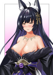 Rule 34 | 1girl, animal ear fluff, animal ears, azur lane, blush, breasts, cleavage, fox ears, hair ornament, highres, huge breasts, japanese clothes, jewelry, kimono, long sleeves, looking at viewer, musashi (azur lane), necklace, smile, solo, takeshiki no hirata, yellow eyes