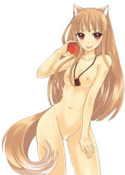 Rule 34 | 00s, 1girl, :p, animal ears, apple, bad id, bad pixiv id, breasts, brown hair, censored, food, fruit, holding, holding food, holding fruit, holo, long hair, navel, nipples, nude, red eyes, sakurai unan, solo, spice and wolf, tail, tongue, tongue out, wolf ears, wolf tail