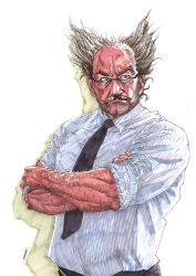 Rule 34 | 1boy, absurdres, bald spot, bespectacled, crossed arms, eyebrows, facial hair, glasses, highres, male focus, messy hair, mishima heihachi, muscular, mustache, namco, necktie, shirt, sleeves rolled up, solo, tekken, tekken 2, thick eyebrows, traditional media, unko2929
