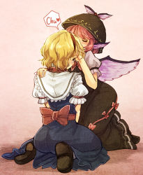 Rule 34 | 2girls, alice margatroid, animal ears, bird wings, black dress, blonde hair, blue dress, blush, bow, capelet, closed eyes, dress, hairband, hat, heart, kiss, kneeling, looking at another, looking up, multiple girls, mystia lorelei, pink hair, puffy sleeves, sash, shoes, short hair, short sleeves, simple background, sitting, text focus, touhou, urin, wings, yuri