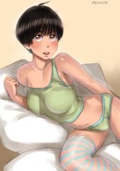 Rule 34 | 1girl, ahoge, ayumu (zenkou), black hair, bottomless, breasts, brown eyes, cleavage, dated, green panties, large breasts, looking at viewer, lying, on side, open mouth, original, panties, pillow, shiny skin, short hair, skindentation, smile, solo, striped clothes, striped thighhighs, tank top, thighhighs, underwear, yellow background, zenkou