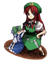 Rule 34 | 2girls, beret, blue dress, blue hair, bow, braid, cirno, dress, female focus, hair bow, hat, hong meiling, ice, ice wings, long hair, multiple girls, neck ribbon, puffy short sleeves, puffy sleeves, red hair, ribbon, shoes, shoot the bullet, short hair, short sleeves, star (symbol), suina, touhou, twin braids, white background, wing collar, wings