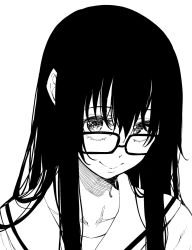 Rule 34 | 1girl, akino sora, closed mouth, copyright request, glasses, greyscale, highres, long hair, looking at viewer, monochrome, portrait, sailor collar, school uniform, serafuku, shirt, simple background, smile, solo, white background