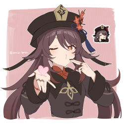 Rule 34 | 1girl, black headwear, black nails, blowing kiss, bracelet, brown hair, commentary, cropped torso, flower, flower-shaped pupils, genshin impact, genshin impact sticker redraw (meme), hair between eyes, hat, hat flower, heart, highres, hu tao (genshin impact), jewelry, long hair, long sleeves, looking at viewer, low twintails, meme, miz (mi), multiple rings, multiple views, nail polish, o3o, one eye closed, plum blossoms, puckered lips, red eyes, reference inset, ring, simple background, symbol-only commentary, symbol-shaped pupils, tassel, twintails, upper body