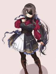 Rule 34 | 1girl, aqua eyes, arm at side, assault lily, black pantyhose, blue bow, blue ribbon, blush, boots, bow, breasts, brown background, brown hair, buttons, center frills, commentary, corset, cross-laced clothes, cross-laced footwear, dress, dress bow, eyepatch, feet out of frame, frilled dress, frilled shirt, frilled shirt collar, frilled sleeves, frills, gradient background, gradient ribbon, grey ribbon, hair between eyes, hand on own chest, hand up, highres, jewelry, juliet sleeves, knee boots, lace-trimmed eyepatch, lace-up boots, large breasts, layered dress, long hair, long sleeves, looking away, o (ooorrrmm), official alternate costume, open mouth, pantyhose, pinafore dress, ponytail, puffy sleeves, red shirt, ribbon, ring, serizawa chikaru, shirt, sidelocks, sleeveless, sleeveless dress, sleeves past wrists, solo, standing, striped clothes, striped dress, teeth, two-tone dress, underbust, upper teeth only, vertical-striped clothes, vertical-striped dress, very long hair, white dress