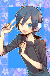 Rule 34 | 1boy, blue eyes, blue hair, happy, headphones, devil survivor, microphone, short hair, wink, yoshida sei (artist)