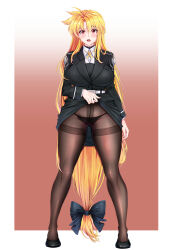 Rule 34 | 1girl, absurdres, belt, black bow, black jacket, black panties, black pantyhose, black skirt, blazer, blonde hair, blush, bow, brown background, clothes lift, commentary request, commission, crying, crying with eyes open, dress shirt, fate testarossa, frown, full body, gluteal fold, gradient background, hair bow, highres, jacket, lifted by self, long hair, long sleeves, looking at viewer, low-tied long hair, lyrical nanoha, miniskirt, neck ribbon, open mouth, panties, panties under pantyhose, pantyhose, pencil skirt, pixiv commission, presenting, red eyes, ribbon, shirt, siki2046, skirt, skirt lift, solo, standing, tearing up, tears, thighband pantyhose, thighs, tsab executive military uniform, underwear, very long hair, white belt, white shirt, wing collar, yellow ribbon