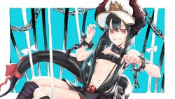 Rule 34 | 1girl, bangosu, bare arms, bare shoulders, black collar, black hair, black tail, breasts, chain, collar, commentary request, grin, hair between eyes, horns, long hair, navel, red eyes, small breasts, smile, solo, tail, v-shaped eyebrows, vgaming, virtual youtuber, white headwear, yoruno yui