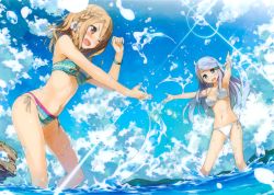 Rule 34 | 10s, 2girls, :d, ;d, absurdres, bikini, blue eyes, blue sky, braid, breasts, brown hair, day, flower, gradient background, hair flower, hair ornament, highres, huge filesize, imouto sae ireba ii, kani nayuta, kantoku, layered bikini, long hair, medium breasts, multi-strapped bikini bottom, multiple girls, navel, o-ring, o-ring top, ocean, one eye closed, open mouth, outstretched arms, outstretched hand, partially submerged, red eyes, scrunchie, shirakawa miyako, side-tie bikini bottom, side braid, silver hair, sky, small breasts, smile, splashing, swimsuit, wading, water drop