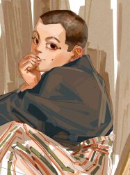 Rule 34 | 1boy, brown background, brown eyes, brown hair, chengongzi123, empty eyes, golden kamuy, grin, hand up, highres, japanese clothes, long sleeves, looking at viewer, male focus, mole, mole on cheek, pants, short hair, smile, solo, striped clothes, striped pants, upper body, usami tokishige, very short hair