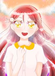 Rule 34 | 1girl, artist name, artist request, blush, bow, bracelet, breasts, brown eyes, brown hair, clenched hand, collared shirt, female focus, floral print, flower, flower print, hair between eyes, hair flower, hair ornament, half updo, jewelry, long hair, looking at viewer, love live!, love live! school idol festival, love live! school idol festival all stars, love live! sunshine!!, melody of the rose (love live!), mocoa oekaki, orange eyes, parted lips, red hair, rose melody (love live!), sakurauchi riko, shirt, short sleeves, small breasts, smile, solo, sparkle, upper body, white flower, white shirt, wing collar, yellow bow, yellow eyes