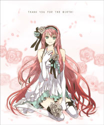 Rule 34 | anniversary, boots, buzz (moi), dress, elbow gloves, english text, engrish text, flower, gloves, green eyes, hair ribbon, long hair, megurine luka, petals, pink hair, ranguage, ribbon, rose, smile, solo, thigh boots, thighhighs, very long hair, vocaloid, white dress, white flower, white rose, zettai ryouiki