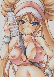 Rule 34 | 10s, 1girl, armband, between breasts, blue eyes, blush, bottle, breasts, brown hair, cleavage, covered erect nipples, creatures (company), curvy, double bun, game freak, hair bun, hat, impossible clothes, large breasts, long hair, marker (medium), mechanical pencil, millipen (medium), nintendo, pencil, pokemon, pokemon bw2, rosa (pokemon), simple background, slit pupils, solo, sweat, tank top, traditional media, uneven eyes, water bottle, white background, yutakasan-love