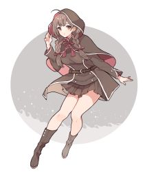 Rule 34 | 1girl, bad id, bad pixiv id, belt, blush, boots, braid, breasts, brown belt, brown capelet, brown dress, brown footwear, brown hair, capelet, commentary request, dress, full body, hood, hood up, hooded capelet, kantai collection, large breasts, long hair, long sleeves, looking at viewer, pleated dress, red ribbon, ribbon, shakemi (sake mgmgmg), shinshuu maru (kancolle), simple background, solo, twin braids