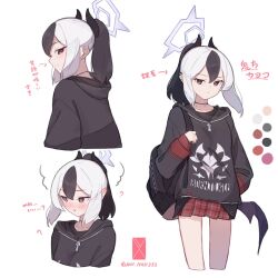 Rule 34 | 1girl, @ @, backpack, bag, black hair, black shirt, blue archive, blush, choker, color guide, ear piercing, halo, hand in pocket, head steam, highres, hood, hoodie, horns, kayoko (blue archive), long sleeves, looking at viewer, looking to the side, low wings, miniskirt, multicolored hair, multiple views, nkst, nose blush, piercing, plaid, plaid skirt, pleated skirt, ponytail, red eyes, red skirt, shirt, short hair, sidelocks, single wing, skirt, translation request, twitter username, two-tone hair, white background, white hair, wings