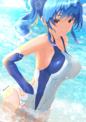 Rule 34 | 1girl, azur lane, blue hair, breasts, competition swimsuit, covered navel, elbow gloves, covered erect nipples, garter-velvet, garter belt, garter straps, gloves, hair ornament, hairclip, highres, large breasts, looking at viewer, one-piece swimsuit, partially submerged, red eyes, side ponytail, sideboob, sidelocks, smile, solo, st. louis (azur lane), swimsuit, twitter username, wet
