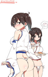 Rule 34 | 10s, 2girls, adapted costume, akagi (kancolle), alternate costume, arms at sides, ass, asymmetrical hair, bad id, bad pixiv id, blush, brown eyes, brown hair, commentary request, detached sleeves, embarrassed, from behind, fundoshi, hair between eyes, highres, japanese clothes, kaga (kancolle), kantai collection, long hair, looking at viewer, looking back, mitsudoue, multiple girls, no pants, nontraditional miko, ribbon-trimmed sleeves, ribbon trim, shirt, short hair, side ponytail, sleeveless, sleeveless shirt, standing