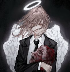 Rule 34 | 1boy, angel, angel devil (chainsaw man), angel wings, black background, black jacket, black necktie, blood, blood on face, brown eyes, brown hair, business suit, chainsaw man, collared shirt, deadprince, expressionless, feathered wings, feathers, formal, hair between eyes, halo, highres, holding, jacket, long hair, long sleeves, looking at viewer, male focus, necktie, neckwear request, severed head, shirt, simple background, solo, suit, upper body, white shirt, white wings, wings