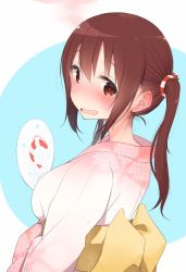Rule 34 | 10s, 1girl, @ @, bad id, bad twitter id, blush, brown hair, ebina nana, embarrassed, from side, hand fan, himouto! umaru-chan, japanese clothes, kimono, looking at viewer, nekoume, open mouth, paper fan, simple background, solo, twintails, uchiwa, wavy mouth