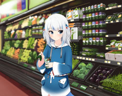 Rule 34 | 1girl, :o, blue eyes, blush, box, broccoli, carrot, commentary, english commentary, fins, fish tail, flat chest, gawr gura, gawr gura (1st costume), green bean, highres, holding, holding box, hololive, hololive english, looking to the side, medium hair, mint, nano (nanojyaa), open mouth, shark tail, silver hair, solo, supermarket, tail, theft, two side up, virtual youtuber