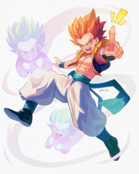 Rule 34 | 3boys, abs, blonde hair, blue eyes, blue sash, boots, child, commentary request, dragon ball, dragonball z, full body, ghost, gotenks, grin, highres, looking at viewer, male focus, multiple boys, muscular, muscular child, notice lines, open mouth, pants, pectorals, pointing, pointing at viewer, sash, smile, spiked hair, super ghost kamikaze attack, super saiyan, super saiyan 1, teeth, tongue, tongue out, twitter username, white background, white pants, zero-go