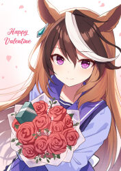 Rule 34 | 1girl, animal ears, blue shirt, bouquet, box, brown hair, closed mouth, flower, gift, gift box, gradient background, hair between eyes, happy valentine, horse ears, hugging object, looking at viewer, mauve, multicolored hair, petals, pink background, pleated skirt, purple eyes, purple skirt, red flower, red rose, rose, school uniform, shirt, skirt, smile, solo, streaked hair, symboli rudolf (umamusume), tracen school uniform, two-tone hair, umamusume, white background, white hair