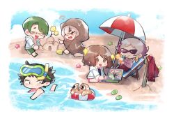 Rule 34 | 2girls, 3boys, bandage over one eye, bandages, beach, beach chair, beach umbrella, black eyes, black hair, bongy (project moon), branch, brown eyes, brown hair, cloud, coat, collar, commentary, computer, cup, dongbaek (project moon), dongrang (limbus company), drinking straw, earrings, flip-flops, food, fruit, glass, green hair, hair ornament, hairclip, highres, holding, holding cup, innertube, jewelry, lab coat, laptop, lemon, limbus company, maru (rabbitpotion), multiple boys, multiple girls, niko (project moon), petals, pink hair, project moon, raincoat, red coat, samjo (project moon), sand, sandals, shovel, shrenne (project moon), snorkel, starfish, sticker, sunglasses, swim ring, topless male, umbrella, water, wet, white hair