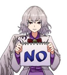 Rule 34 | 1girl, angel wings, annoyed, bow, bowtie, collared shirt, dress, feathered wings, ghostship55, hair between eyes, holding, holding notebook, jacket, kishin sagume, long sleeves, looking at viewer, medium hair, no, notebook, purple dress, red bow, red bowtie, red eyes, shirt, simple background, single wing, solo, suit jacket, touhou, upper body, white background, white hair, white wings, wings