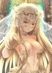 Rule 34 | 1girl, alternate costume, backlighting, bare shoulders, blonde hair, blush, breasts, bridal veil, bride, church, circlet, closed mouth, dress, embarrassed, eyebrows, fate/grand order, fate (series), flower, formal, frills, gloves, hair between eyes, hair flower, hair ornament, halterneck, hatori mia, highres, indoors, jeanne d&#039;arc (fate), jeanne d&#039;arc alter (avenger) (fate), jeanne d&#039;arc alter (fate), jewelry, lace, large breasts, light particles, lily (flower), long hair, looking at viewer, outstretched arm, pout, ruler (fate/grand order), see-through, sideboob, solo, stained glass, upper body, veil, wedding, wedding dress, white dress, white flower, yellow eyes