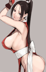 Rule 34 | 1girl, ass, breasts, brown eyes, brown hair, fatal fury, female focus, highres, large breasts, long hair, looking at viewer, parted lips, ponytail, revealing clothes, shiranui mai, sideboob, simple background, solo, strap gap, thong, yamaishi (mukoubuti)