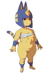 Rule 34 | 1girl, animal crossing, animal ears, ankha (animal crossing), black eyes, blue fur, bottomless, breasts, cat ears, cat girl, cat tail, claws, egyptian, forastero, highres, multicolored fur, navel, nintendo, no shoes, plump, small breasts, tail, thick thighs, thighs, wide hips, yellow fur