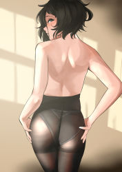 Rule 34 | 1girl, absurdres, ass, back, black hair, black pantyhose, blush, closed mouth, commentary, english commentary, grey eyes, hands on own hips, highres, legs together, looking at viewer, looking back, mole, mole on ass, original, panties, panties under pantyhose, pantyhose, profile, pupi (rain prophet), short hair, solo, standing, topless, underwear