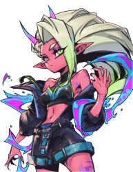 Rule 34 | 1girl, bare shoulders, belt, black belt, black jacket, black shorts, closed mouth, colored skin, commentary, english commentary, expressionless, gradient hair, graffiti, green eyes, green hair, horns, jacket, league of legends, long hair, looking ahead, multicolored hair, navel, official alternate costume, official alternate hairstyle, open clothes, open jacket, phantom ix row, pointy ears, red skin, shorts, simple background, solo, stomach, street demon zyra, white background, zyra